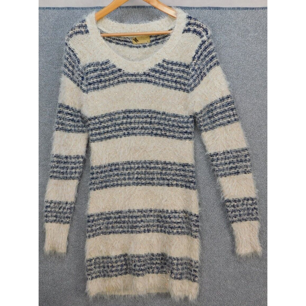 KATSUMI DRESS Oatmeal Navy Blue Fuzzy Stretchy Scoop Neck Mini Sweater Large